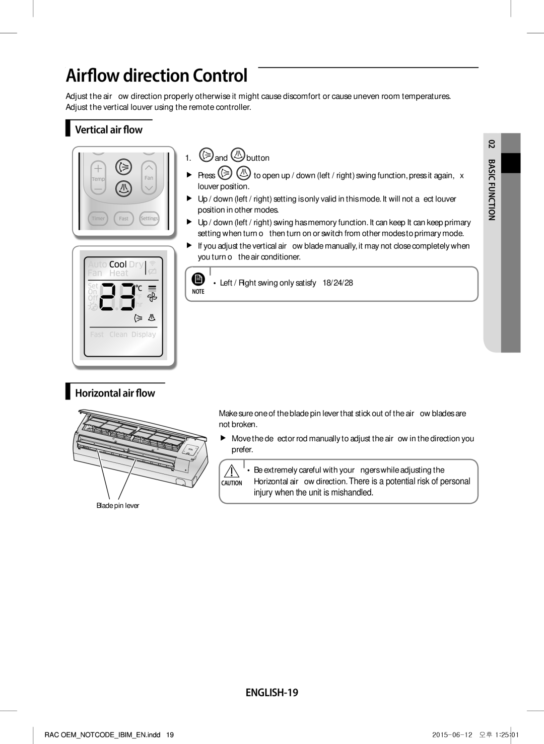 Samsung AR18JQFRAWQ/TV, AR09JQFRAWQ/TV manual Airflow direction Control, Vertical air flow, Horizontal air flow, ENGLISH-19 