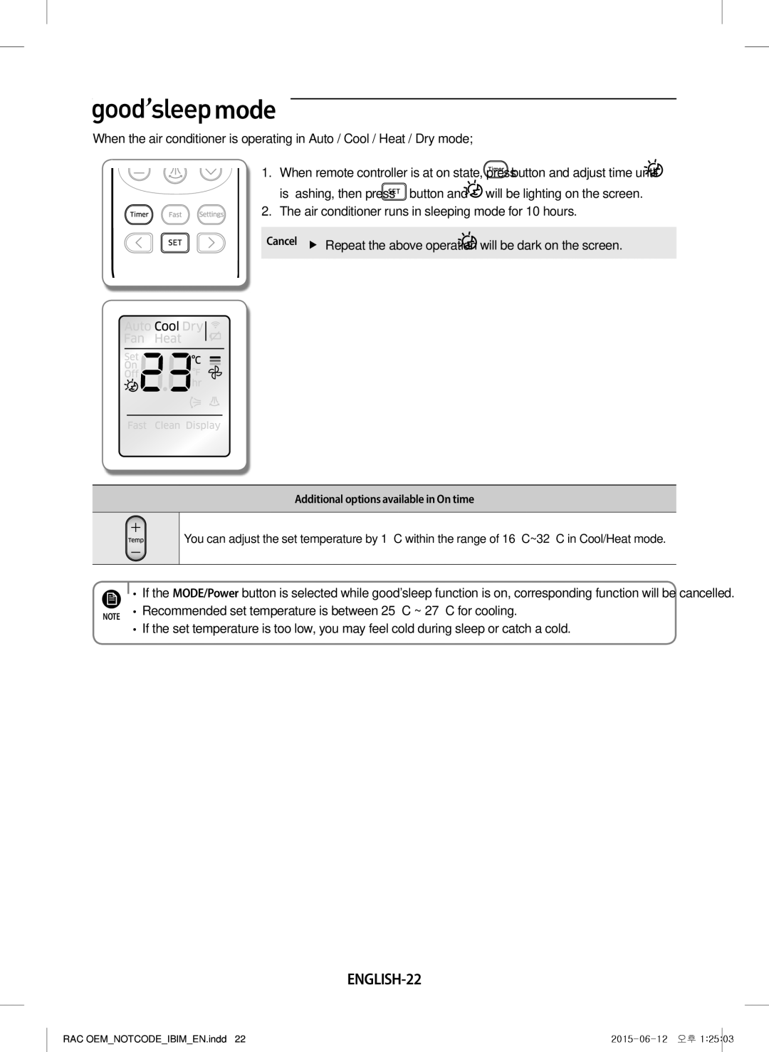 Samsung AR24JQFRAWQ/TV, AR18JQFRAWQ/TV manual Mode, ENGLISH-22, Button, Air conditioner runs in sleeping mode for 10 hours 