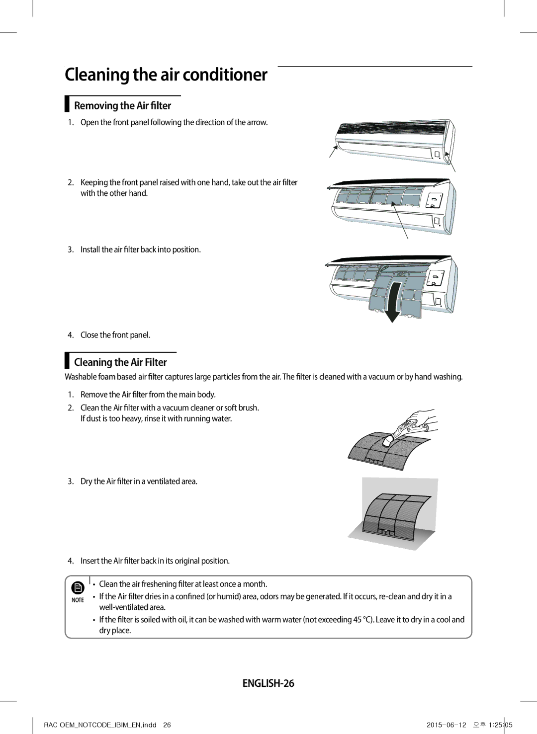 Samsung AR28JQFRAWQ/TV, AR18JQFRAWQ/TV, AR09JQFRAWQ/TV manual Removing the Air filter, Cleaning the Air Filter, ENGLISH-26 