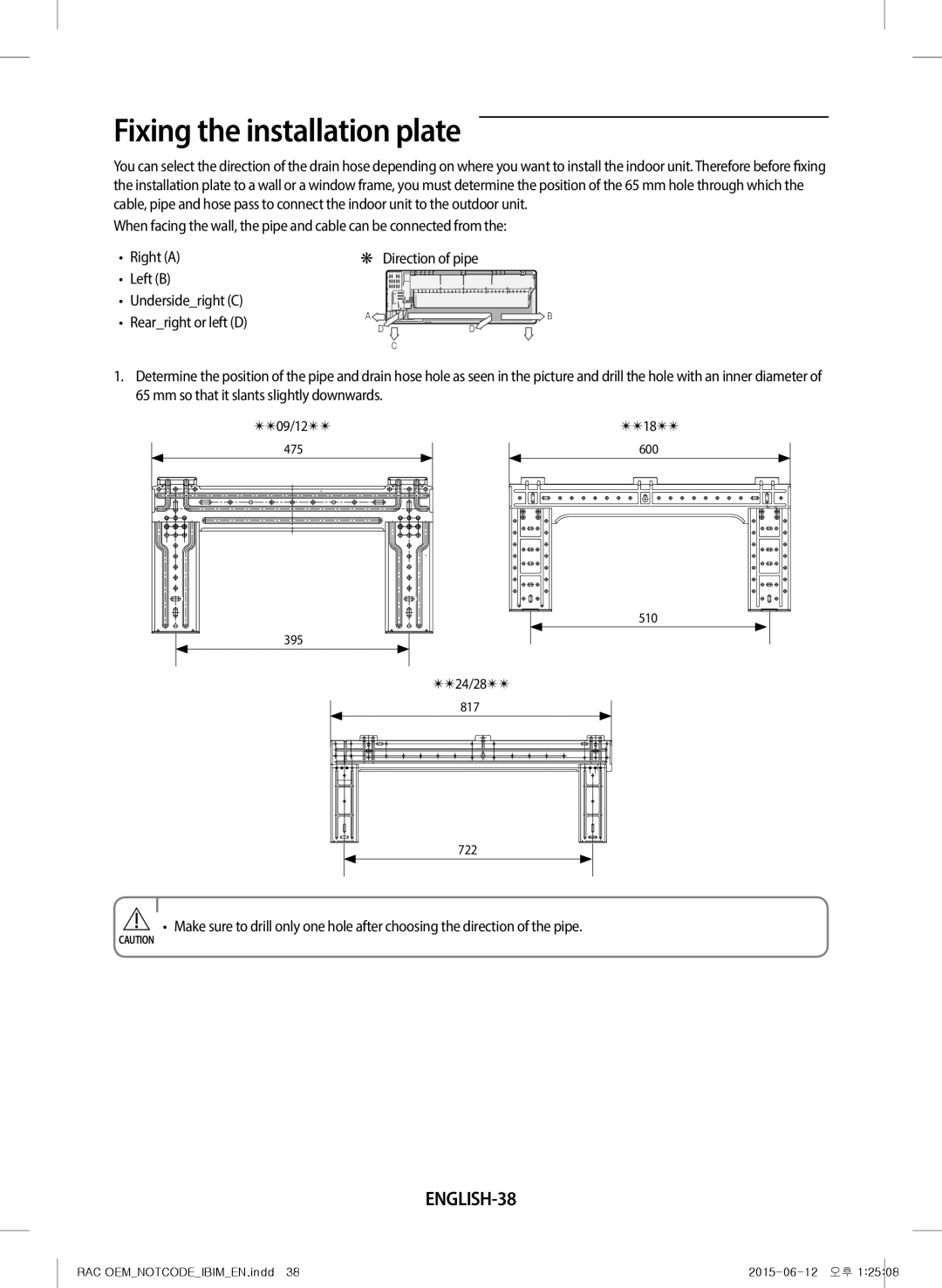 Samsung AR12JQFRAWQ/TV, AR18JQFRAWQ/TV, AR09JQFRAWQ/TV, AR28JQFRAWQ/TV manual Fixing the installation plate, ENGLISH-38 