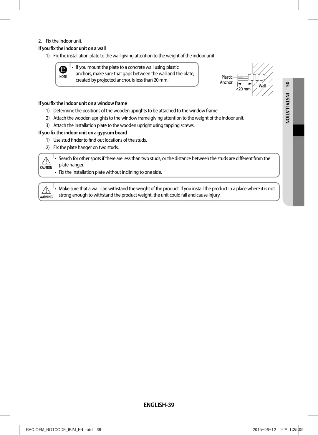 Samsung AR18JQFRAWQ/TV manual ENGLISH-39, Fix the indoor unit, If you mount the plate to a concrete wall using plastic 