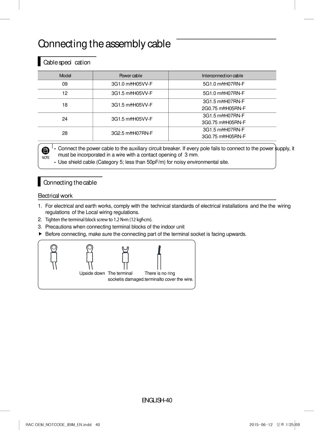 Samsung AR09JQFRAWQ/TV manual Connecting the assembly cable, Cable specification, Connecting the cable Electrical work 