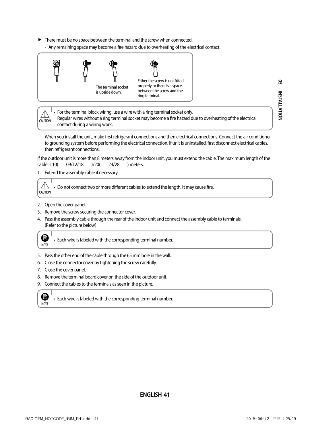 Samsung AR28JQFRAWQ/TV, AR18JQFRAWQ/TV, AR09JQFRAWQ/TV, AR24JQFRAWQ/TV manual ENGLISH-41, Contact during a wiring work 