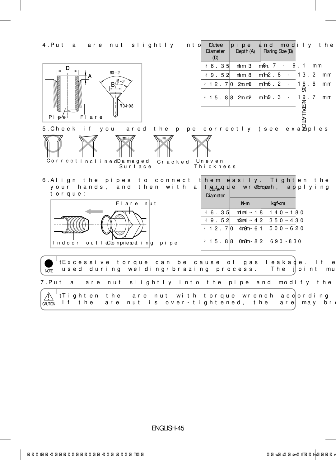 Samsung AR09JQFRAWQ/TV, AR18JQFRAWQ/TV manual ENGLISH-45, Put a flare nut slightly into the pipe and modify the flare 