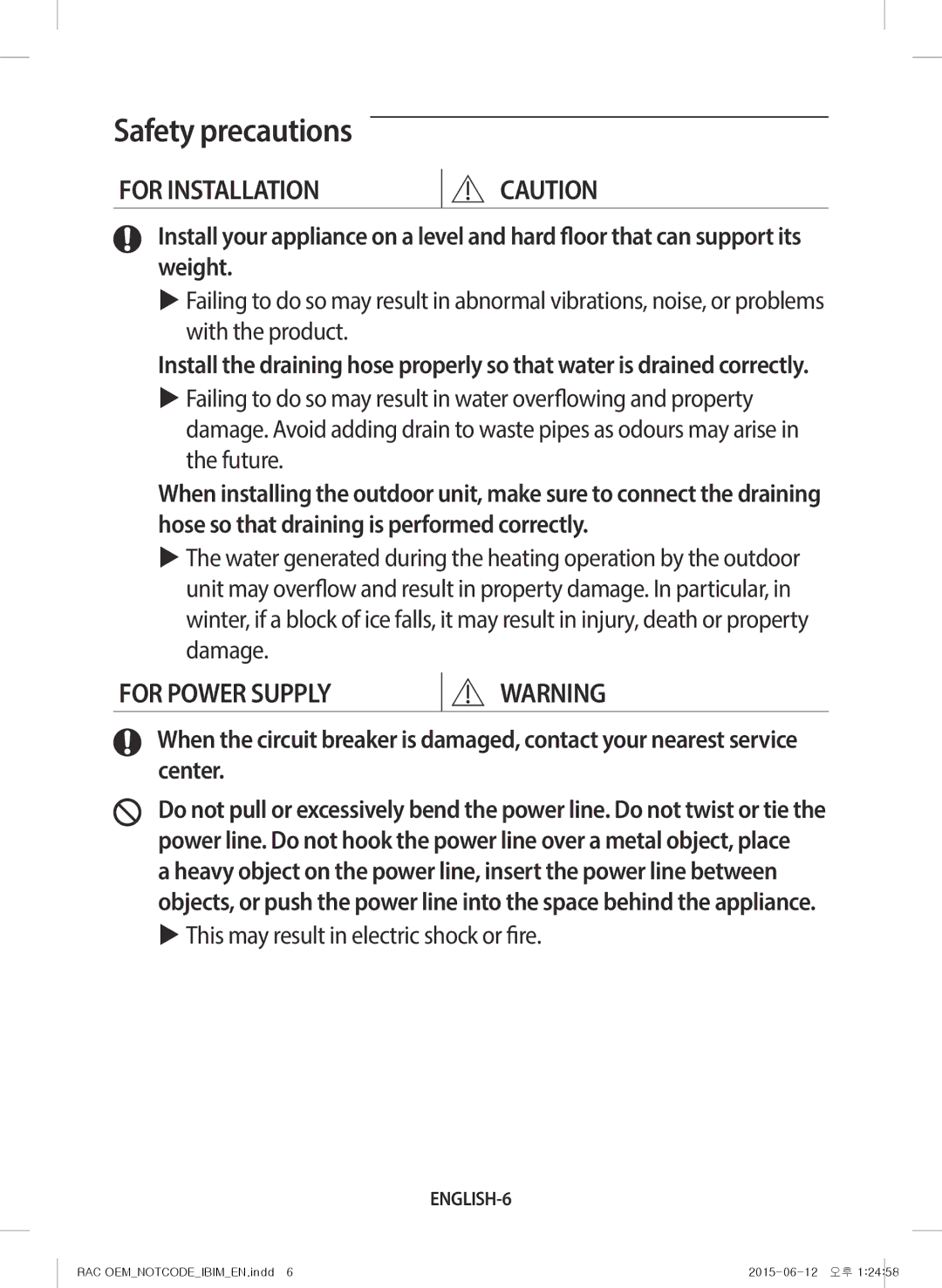 Samsung AR28JQFRAWQ/TV, AR18JQFRAWQ/TV, AR09JQFRAWQ/TV, AR24JQFRAWQ/TV, AR12JQFRAWQ/TV manual For Power Supply, ENGLISH-6 