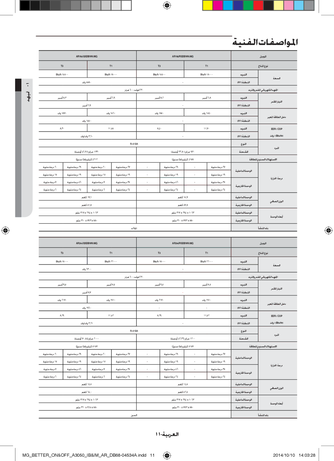 Samsung AR24JQSDBWKNMG, AR18JQFSBWKNMG, AR18JQFSBWKXMG, AR18JRSDBWKNMG, AR18JQSDBWKXMG manual ةينفلا تافصاولما, 11-ةيبرعلا 