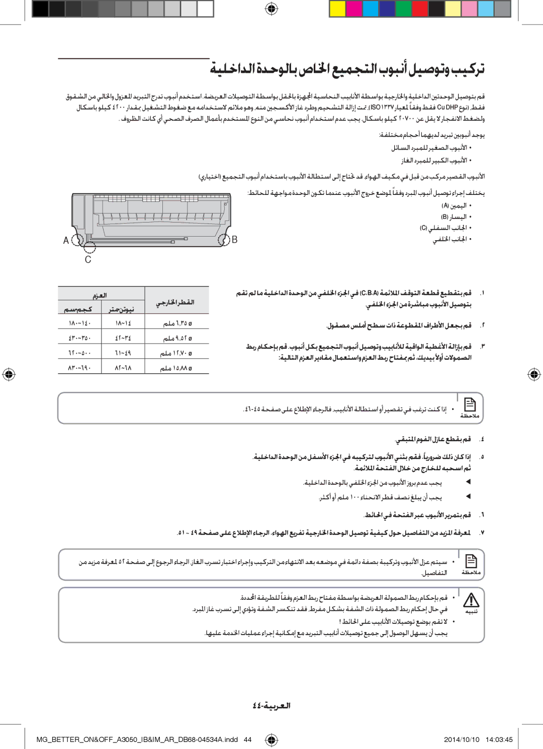 Samsung AR18JRSDBWKNMG, AR18JQFSBWKNMG, AR18JQFSBWKXMG manual ةيلخادلاةدحولابصالخاعيمجتلابوبنأليصوتوبيكرت, 44-ةيبرعلا 