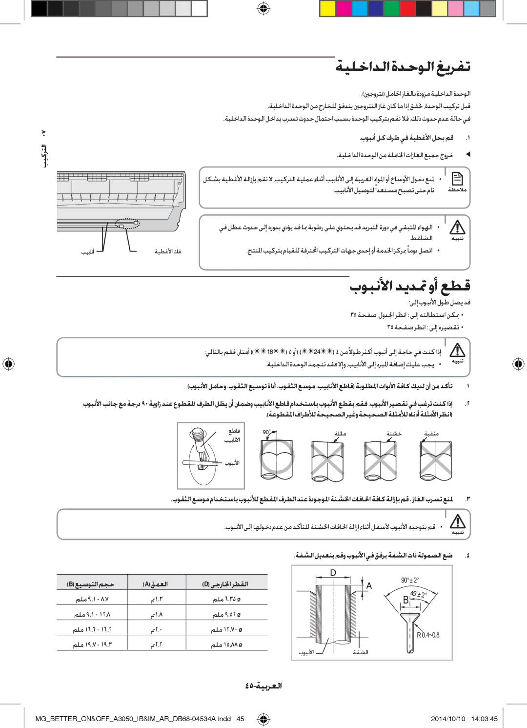 Samsung AR18JQSDBWKXMG manual ةيلخادلا ةدحولا غيرفت, 45-ةيبرعلا, ةعوطقلمافارطلألةحيحصلاريغوةحيحصلاةلثملألهاندأةلثملأارظنا 