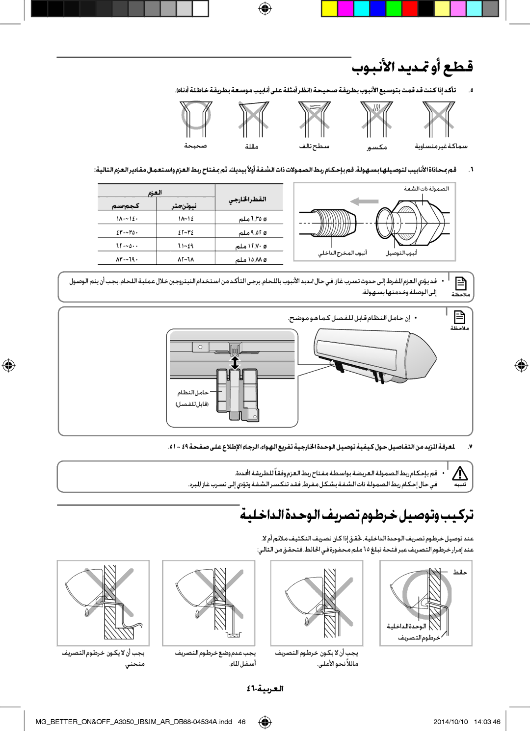 Samsung AR24JQSDBWKNMG manual بوبنلأا ديدتم وأ عطق, ةيلخادلاةدحولافيرصتموطرخليصوتوبيكرت, 46-ةيبرعلا, مسمجك رتمنتوين 