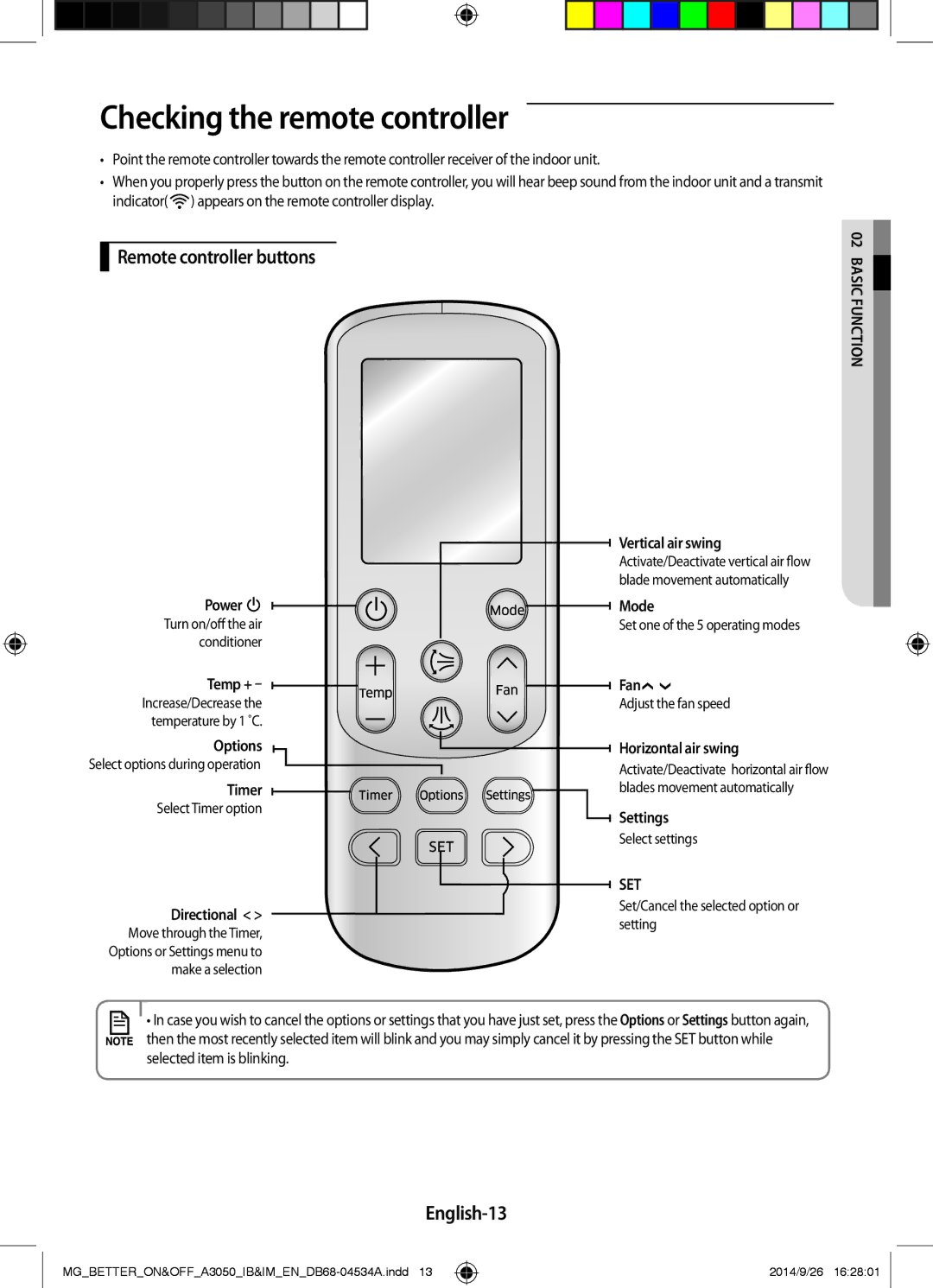 Samsung AR18JRSDBWKXMG, AR18JQFSBWKNMG manual Checking the remote controller, Remote controller buttons, English-13 