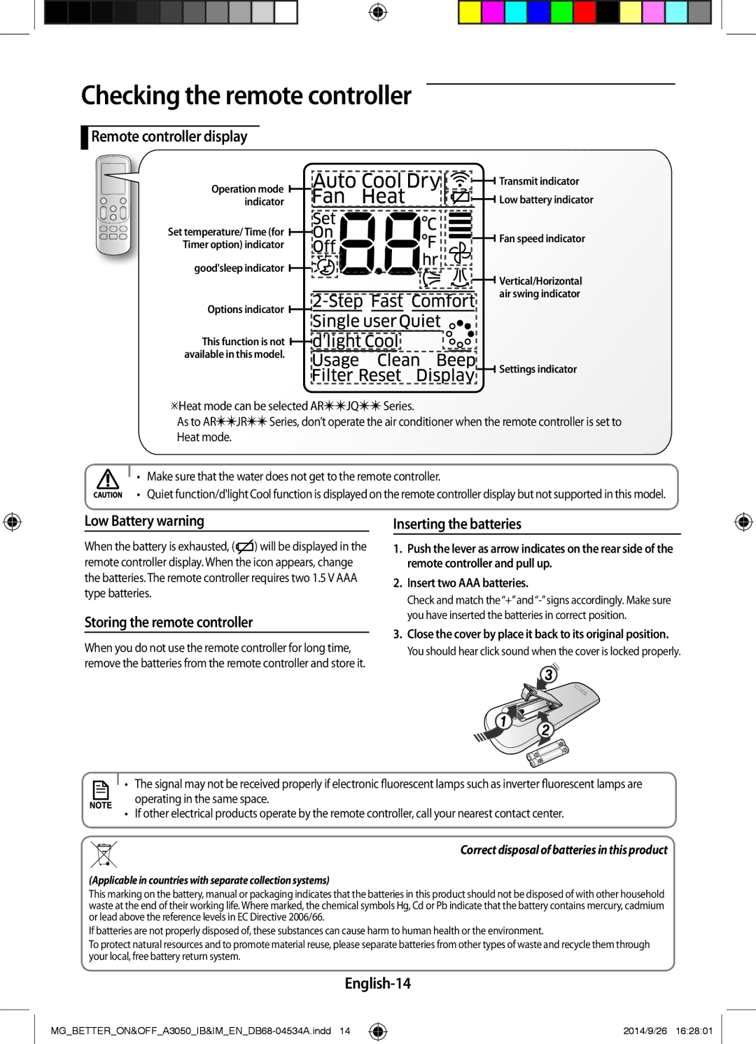 Samsung AR18JQFSBWKNMG manual Remote controller display, Low Battery warning, Storing the remote controller, English-14 