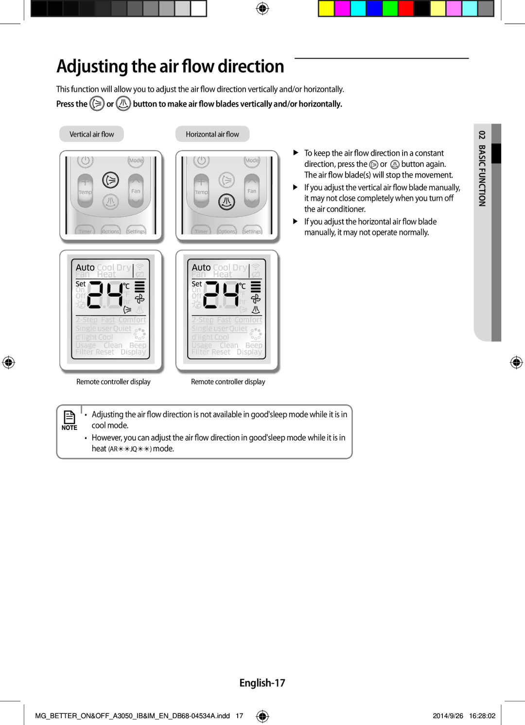 Samsung AR18JQSDBWKXMG, AR18JQFSBWKNMG, AR18JQFSBWKXMG, AR18JRSDBWKNMG manual Adjusting the air flow direction, English-17 