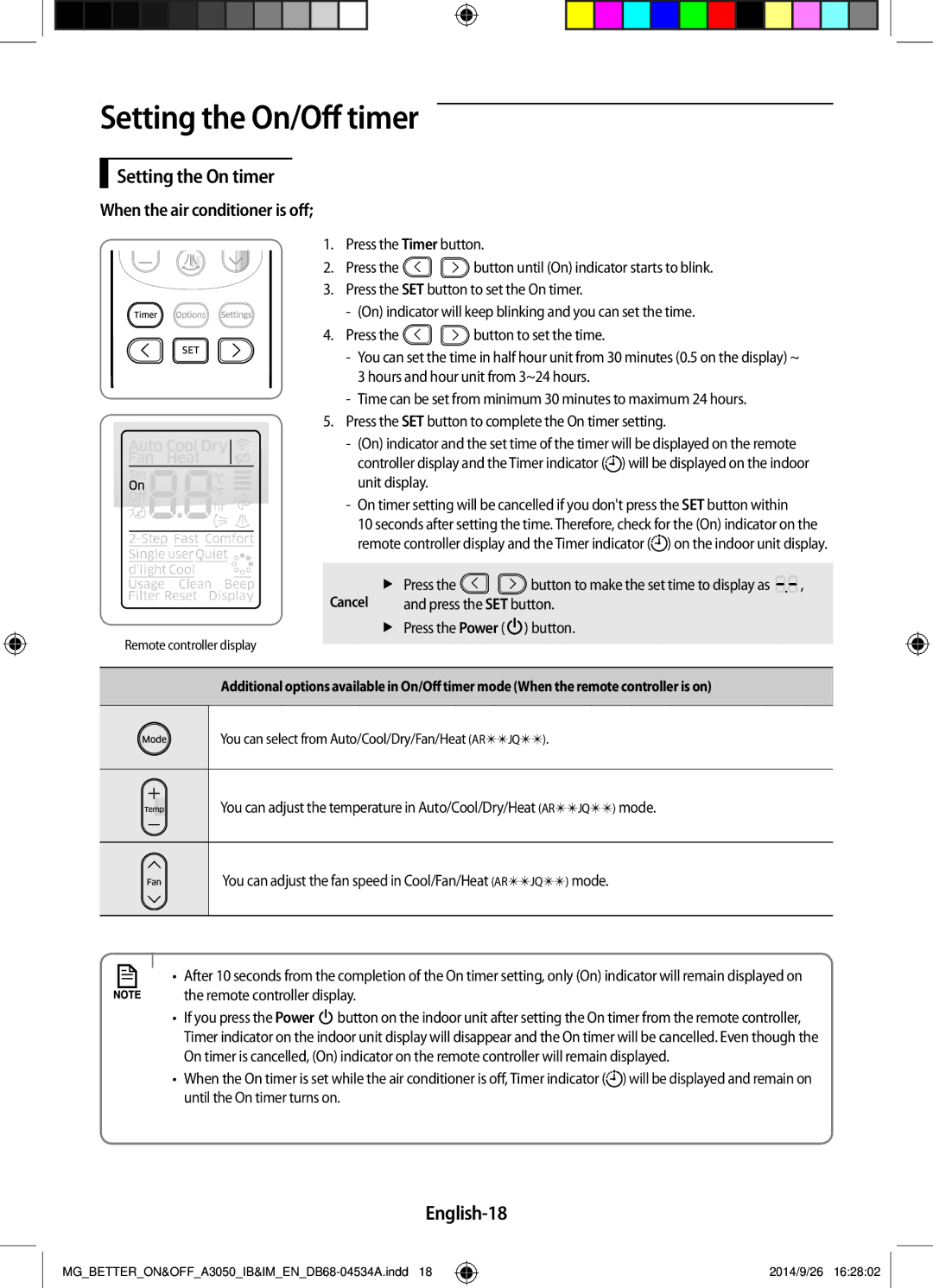 Samsung AR24JQSDBWKNMG manual Setting the On/Off timer, Setting the On timer, English-18, When the air conditioner is off 