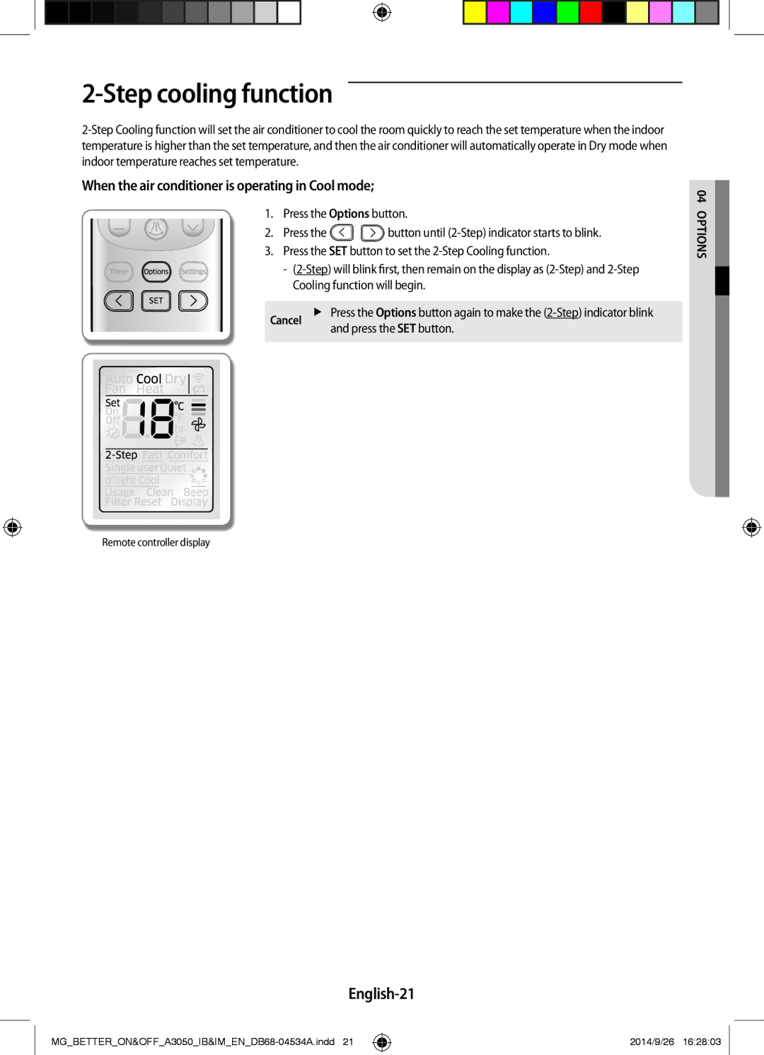 Samsung AR18JQFSBWKNMG manual Step cooling function, English-21, When the air conditioner is operating in Cool mode 