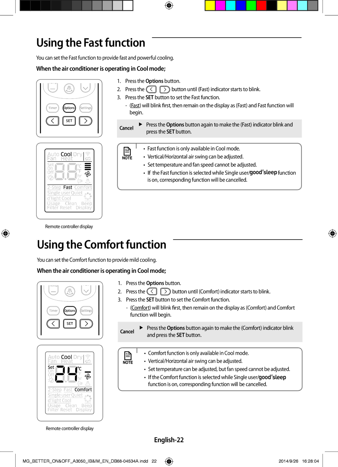 Samsung AR18JQFSBWKXMG, AR18JQFSBWKNMG, AR18JRSDBWKNMG manual Using the Fast function, Using the Comfort function, English-22 