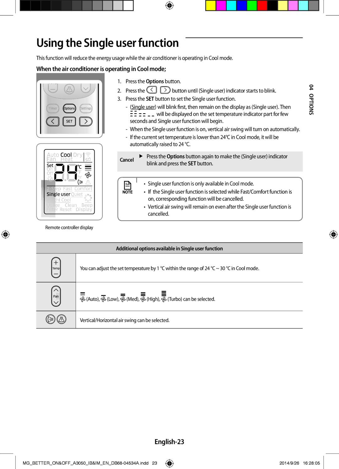 Samsung AR18JRSDBWKNMG, AR18JQFSBWKNMG manual Using the Single user function, English-23, Blink and press the SET button 