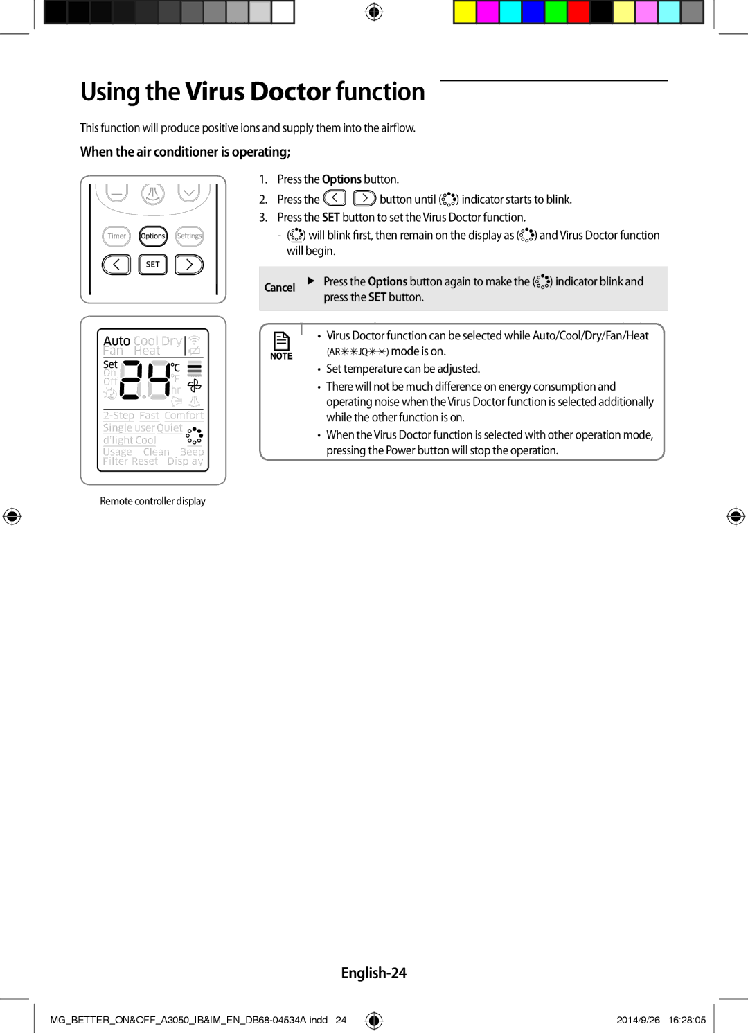 Samsung AR18JQSDBWKXMG Using the Virus Doctor function, English-24, When the air conditioner is operating, Will begin 