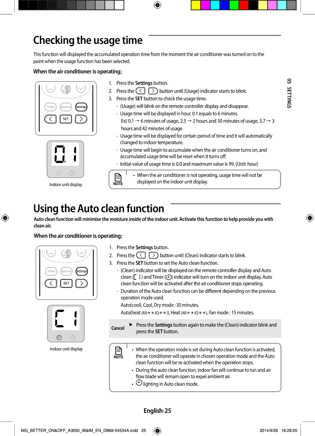 Samsung AR24JQSDBWKNMG, AR18JQFSBWKNMG, AR18JQFSBWKXMG Checking the usage time, Using the Auto clean function, English-25 