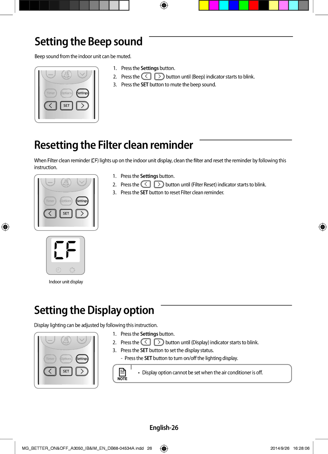 Samsung AR18JQSDBWKNMG Setting the Beep sound, Resetting the Filter clean reminder, Setting the Display option, English-26 