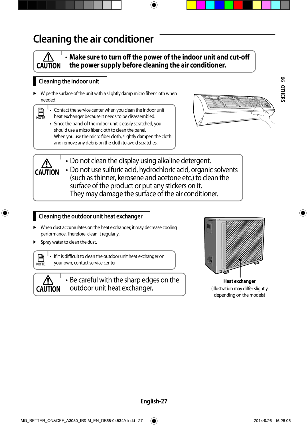 Samsung AR18JRSDBWKXMG Cleaning the air conditioner, Cleaning the indoor unit, Cleaning the outdoor unit heat exchanger 