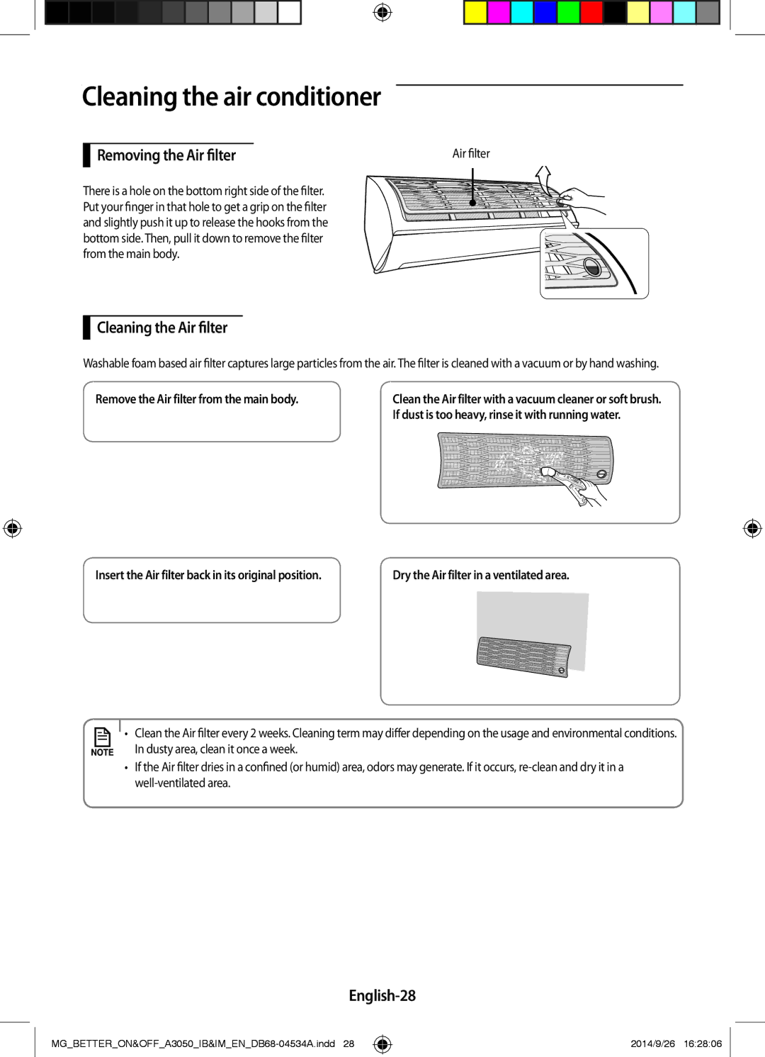 Samsung AR18JQFSBWKNMG, AR18JQFSBWKXMG, AR18JRSDBWKNMG manual Removing the Air filter, Cleaning the Air filter, English-28 