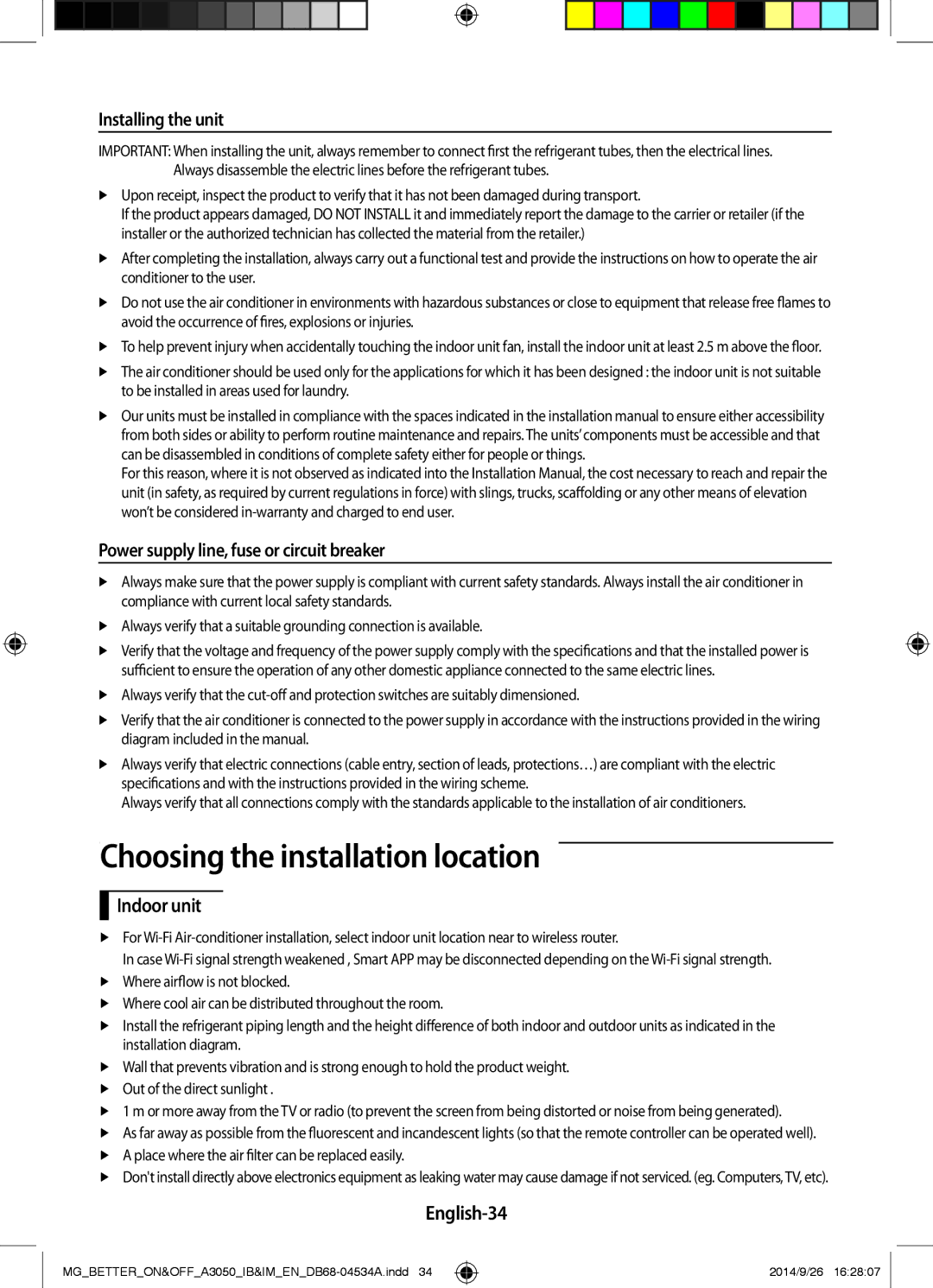 Samsung AR18JRSDBWKXMG Choosing the installation location, Installing the unit, Power supply line, fuse or circuit breaker 