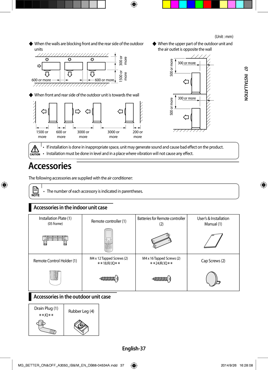 Samsung AR18JRSDBWKNMG manual Accessories in the indoor unit case, Accessories in the outdoor unit case, English-37 