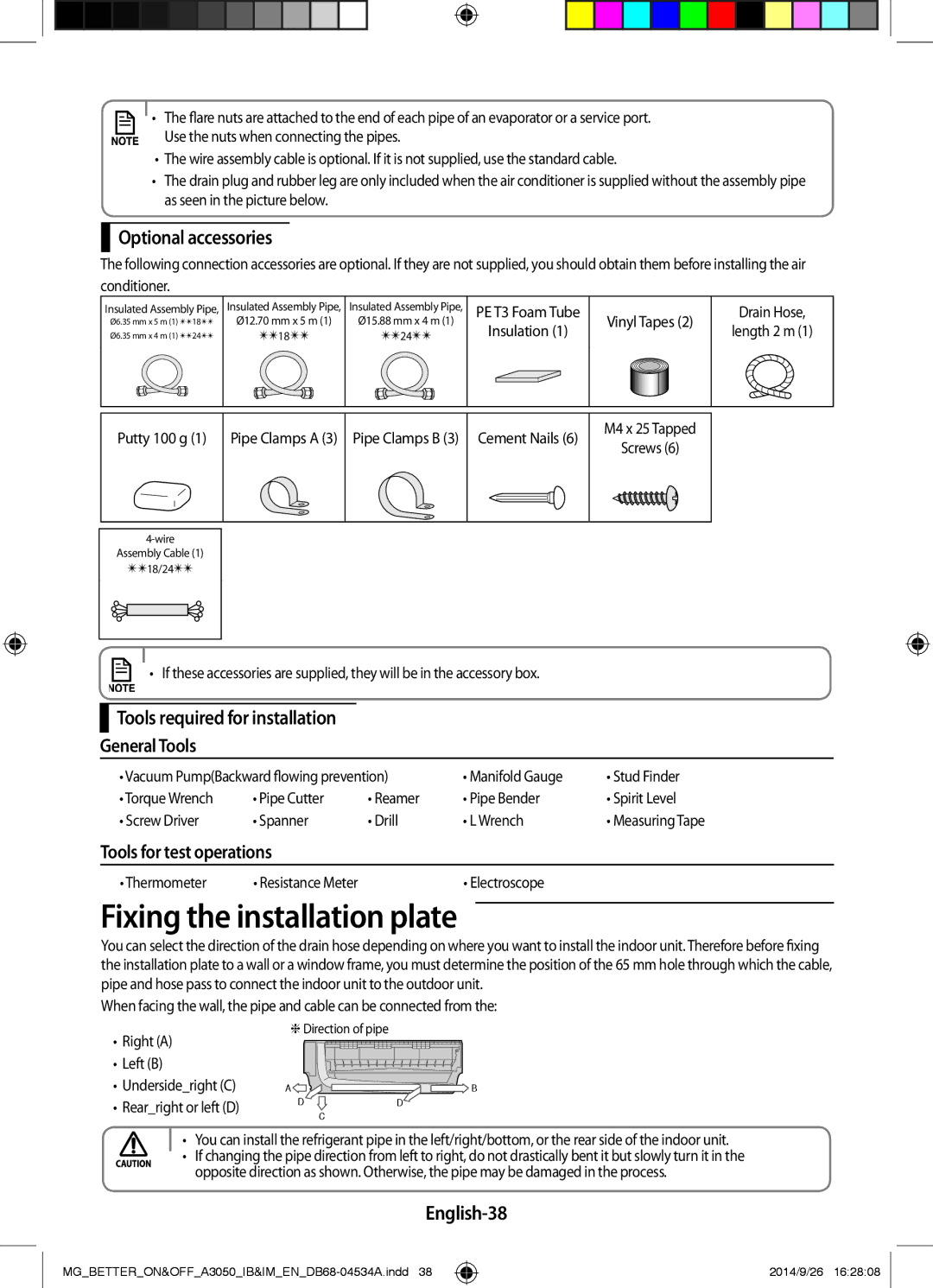 Samsung AR18JQSDBWKXMG Fixing the installation plate, Optional accessories, Tools required for installation General Tools 