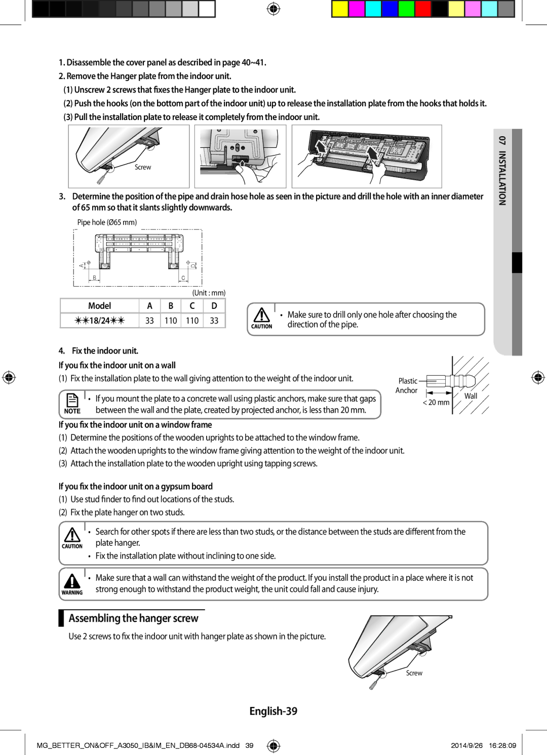 Samsung AR24JQSDBWKNMG, AR18JQFSBWKNMG, AR18JQFSBWKXMG, AR18JRSDBWKNMG manual Assembling the hanger screw, English-39 