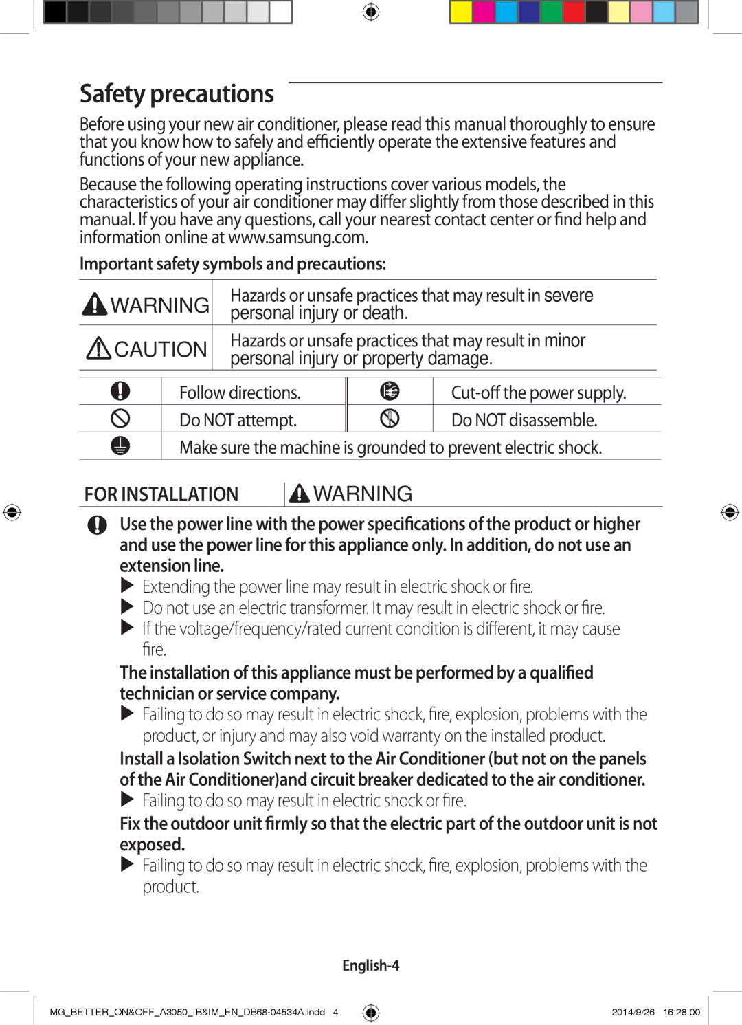 Samsung AR24JQSDBWKNMG, AR18JQFSBWKNMG, AR18JQFSBWKXMG, AR18JRSDBWKNMG, AR18JQSDBWKXMG manual Safety precautions, English-4 