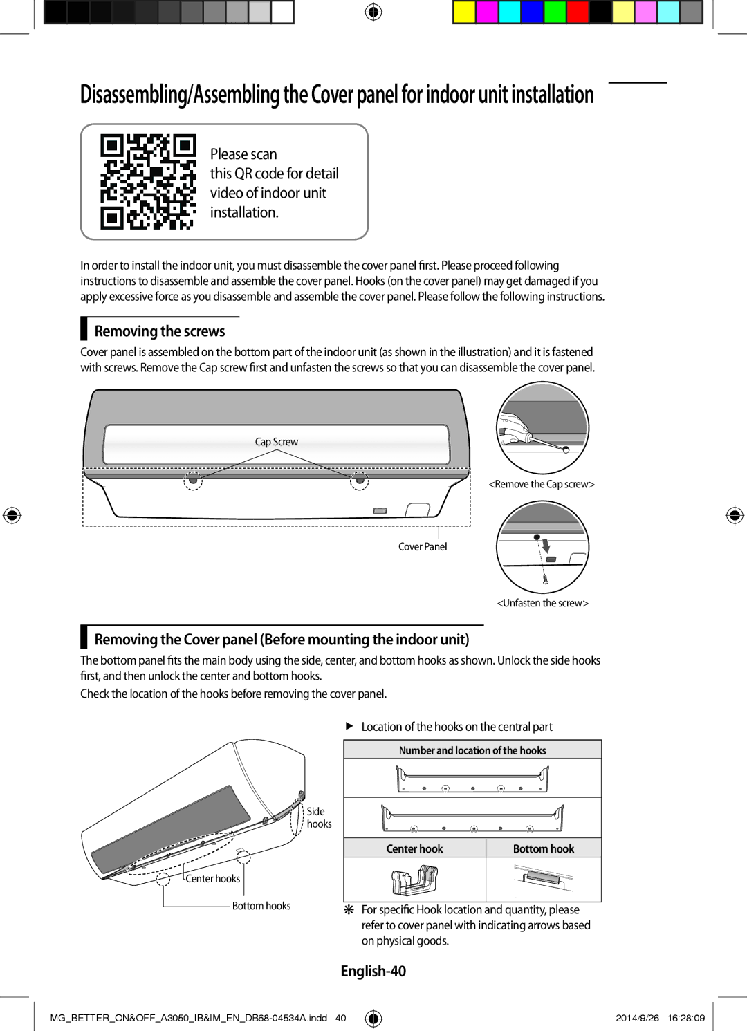 Samsung AR18JQSDBWKNMG manual Removing the screws, Removing the Cover panel Before mounting the indoor unit, English-40 