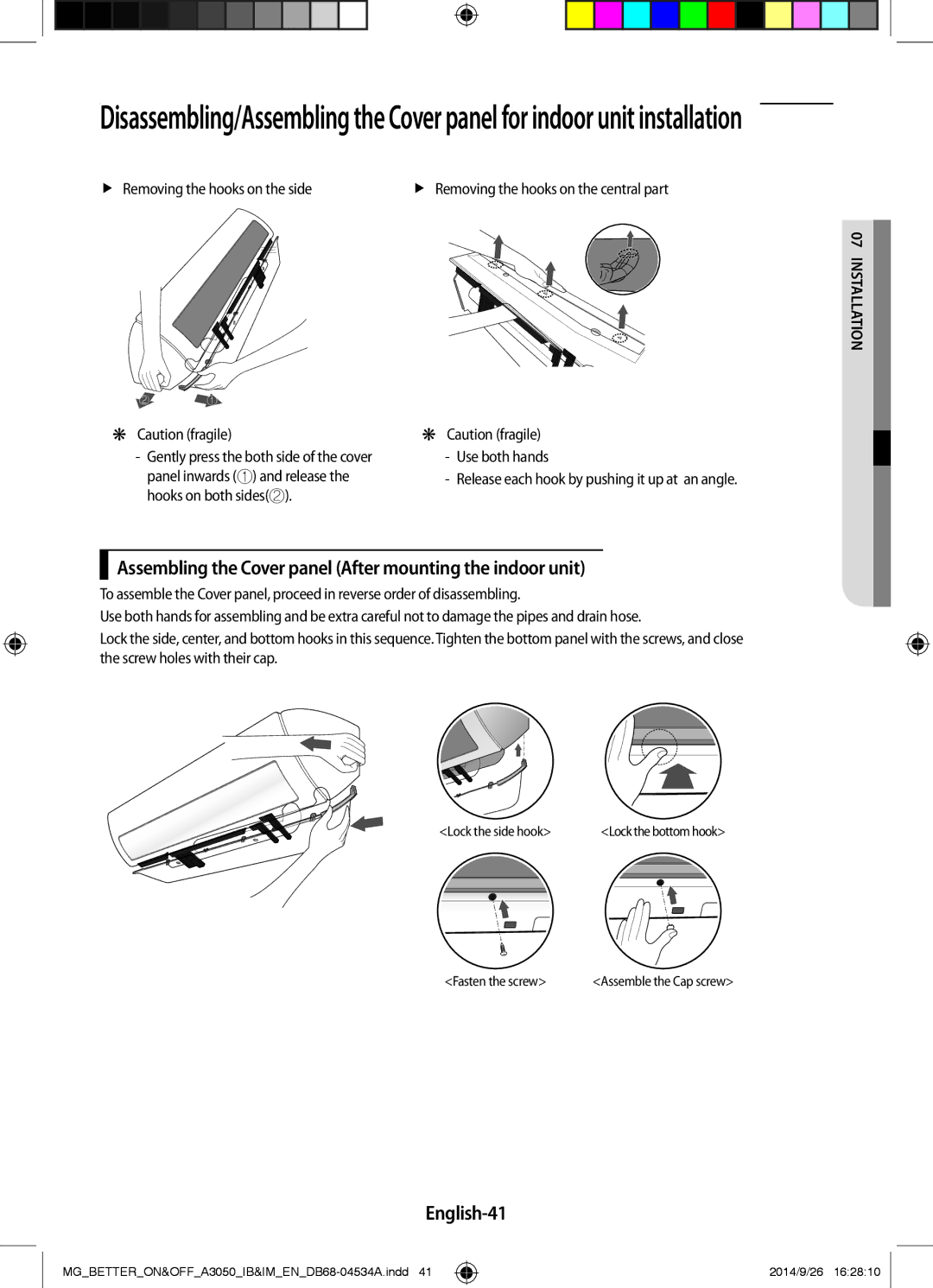 Samsung AR18JRSDBWKXMG, AR18JQFSBWKNMG manual Assembling the Cover panel After mounting the indoor unit, English-41 