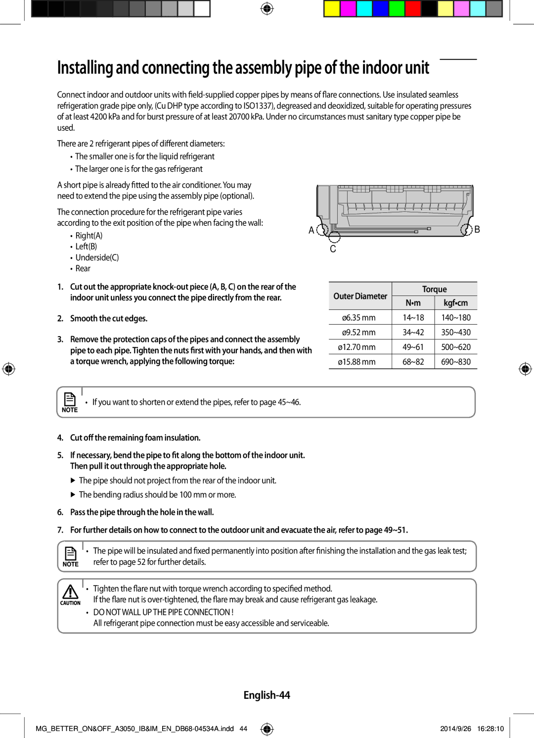 Samsung AR18JRSDBWKNMG, AR18JQFSBWKNMG English-44, Smooth the cut edges, Cut off the remaining foam insulation, Torque 