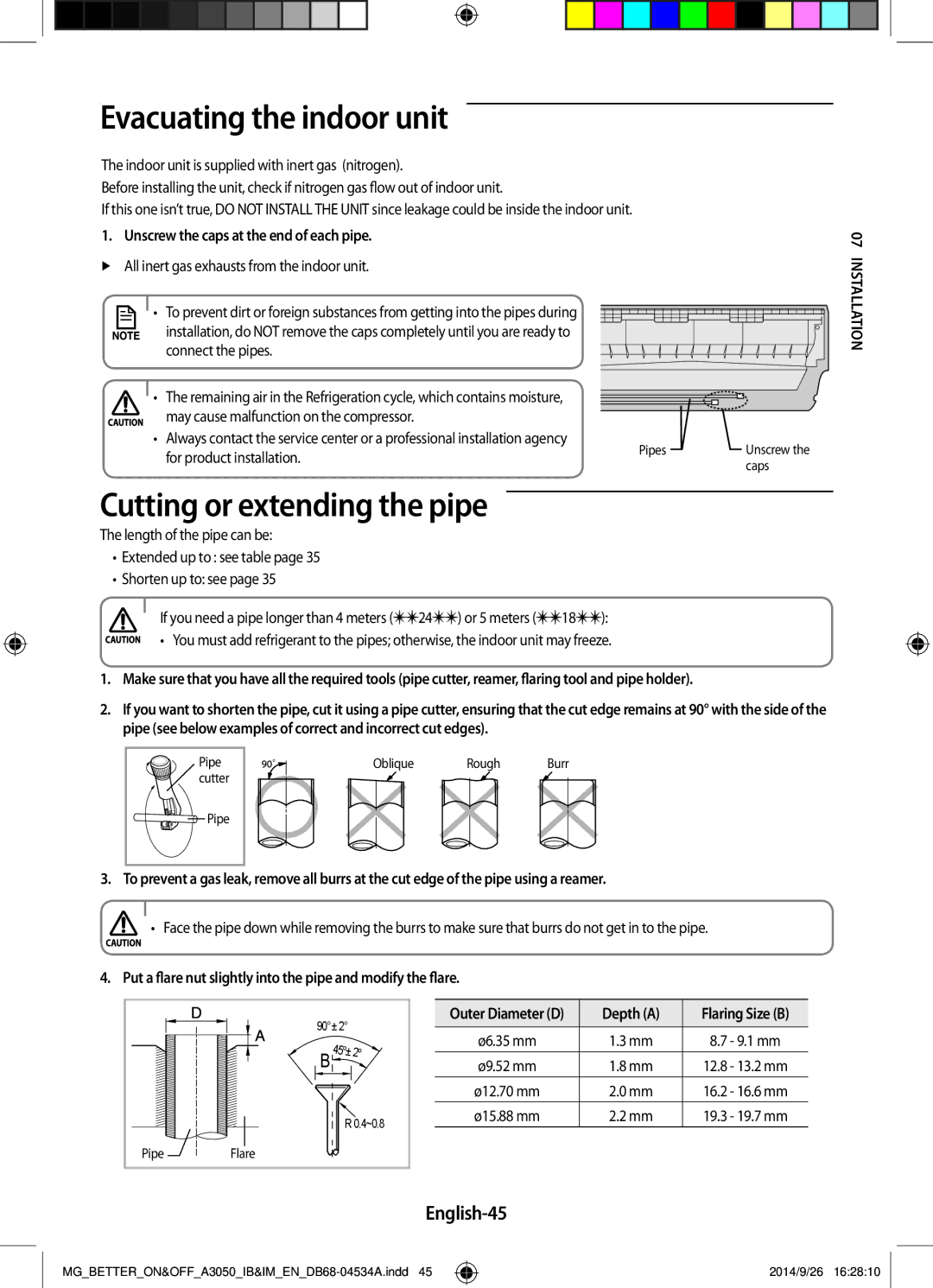 Samsung AR18JQSDBWKXMG, AR18JQFSBWKNMG manual Evacuating the indoor unit, Cutting or extending the pipe, English-45 