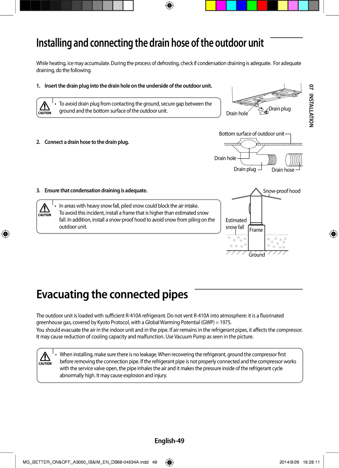 Samsung AR18JQFSBWKNMG, AR18JQFSBWKXMG Evacuating the connected pipes, English-49, Connect a drain hose to the drain plug 