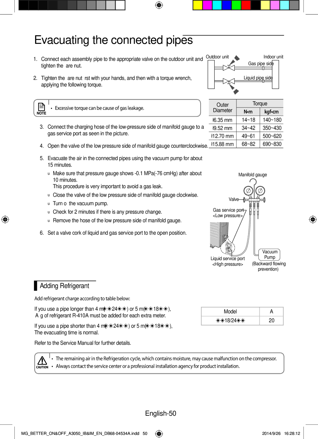 Samsung AR18JQFSBWKXMG, AR18JQFSBWKNMG, AR18JRSDBWKNMG, AR18JQSDBWKXMG manual Adding Refrigerant, English-50, Outer Torque 