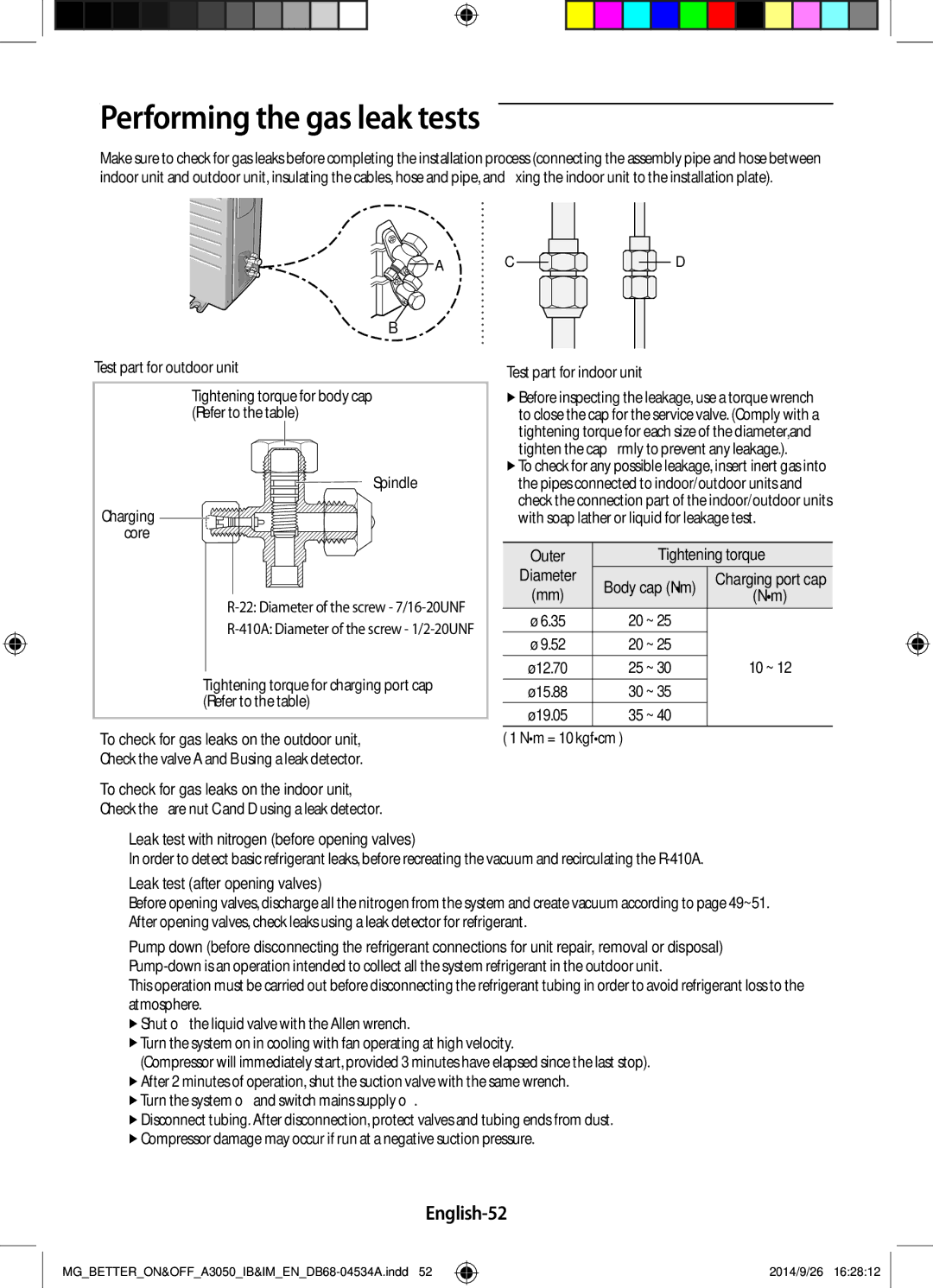 Samsung AR18JQSDBWKXMG, AR18JQFSBWKNMG, AR18JQFSBWKXMG, AR18JRSDBWKNMG manual Performing the gas leak tests, English-52 