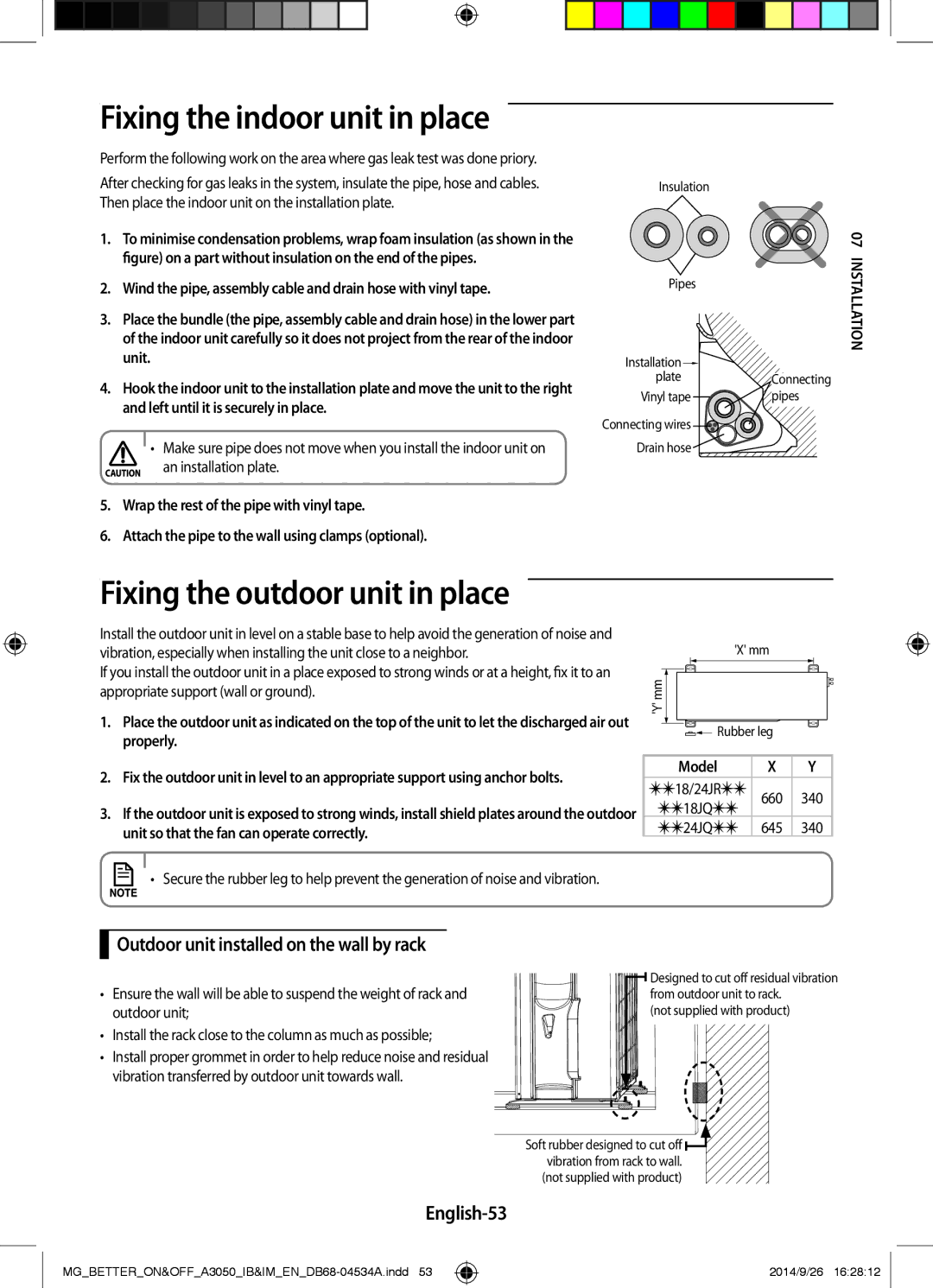 Samsung AR24JQSDBWKNMG manual Fixing the outdoor unit in place, Outdoor unit installed on the wall by rack, English-53 