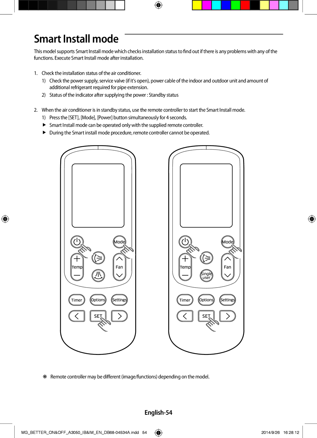 Samsung AR18JQSDBWKNMG, AR18JQFSBWKNMG, AR18JQFSBWKXMG, AR18JRSDBWKNMG, AR18JQSDBWKXMG manual Smart Install mode, English-54 