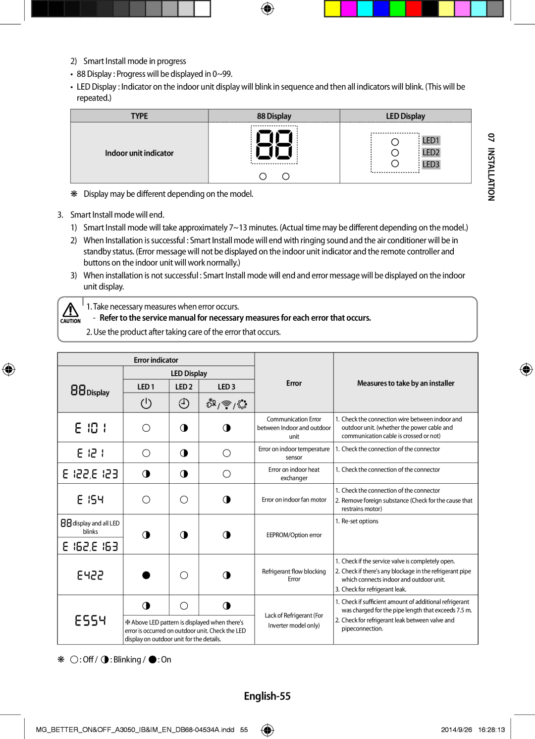 Samsung AR18JRSDBWKXMG, AR18JQFSBWKNMG, AR18JQFSBWKXMG, AR18JRSDBWKNMG, AR18JQSDBWKXMG manual English-55, Off / Blinking / On 