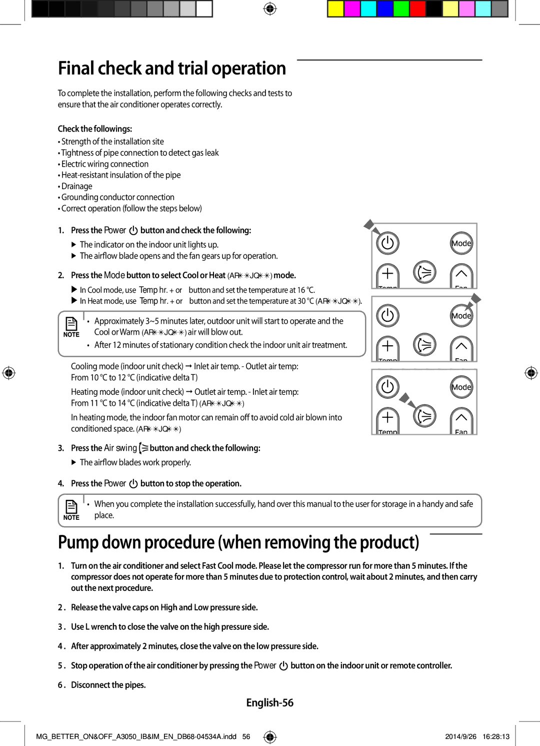 Samsung AR18JQFSBWKNMG, AR18JQFSBWKXMG, AR18JRSDBWKNMG, AR18JQSDBWKXMG manual Final check and trial operation, English-56 