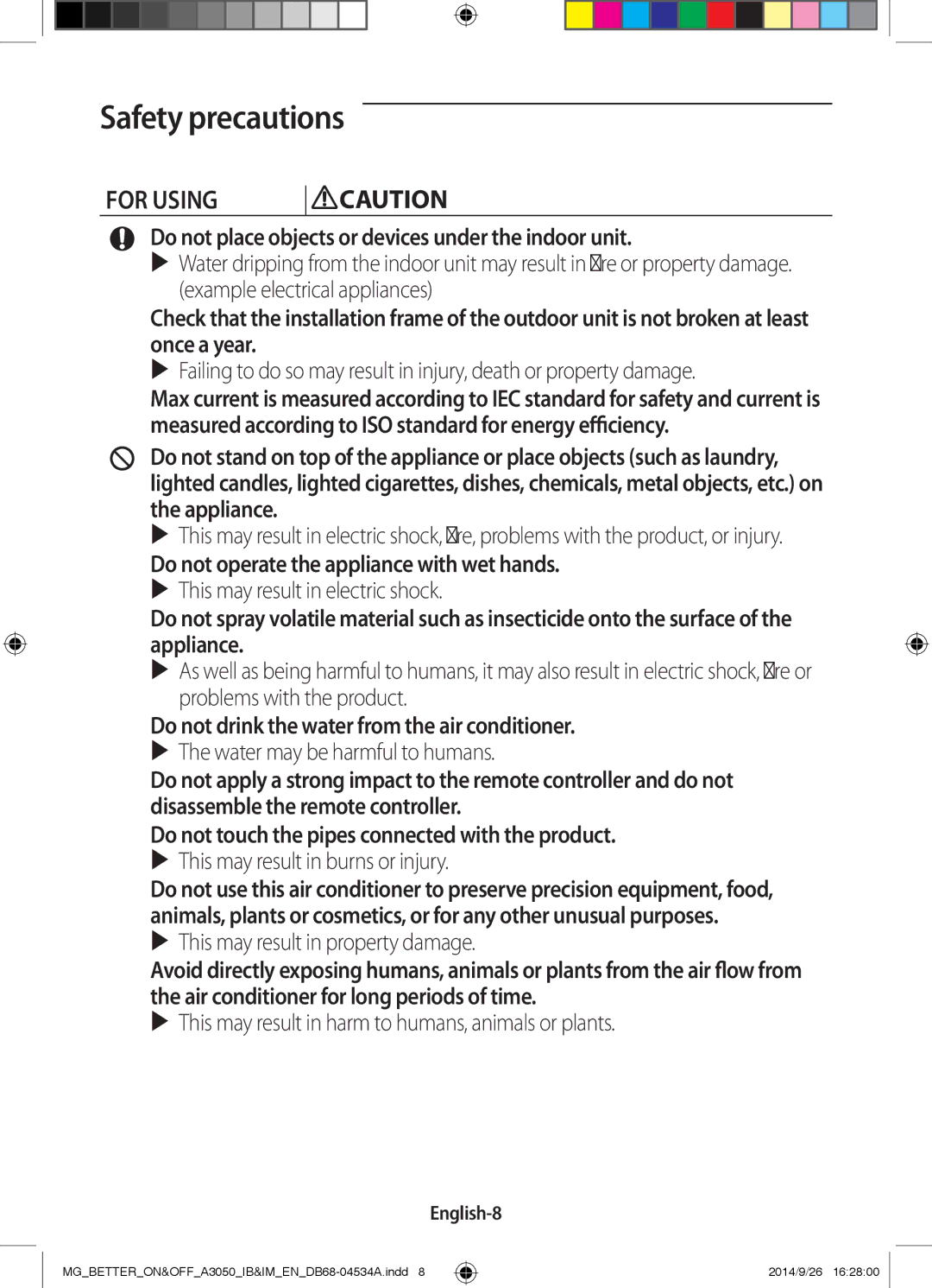 Samsung AR18JQFSBWKXMG, AR18JQFSBWKNMG, AR18JRSDBWKNMG Do not place objects or devices under the indoor unit, English-8 