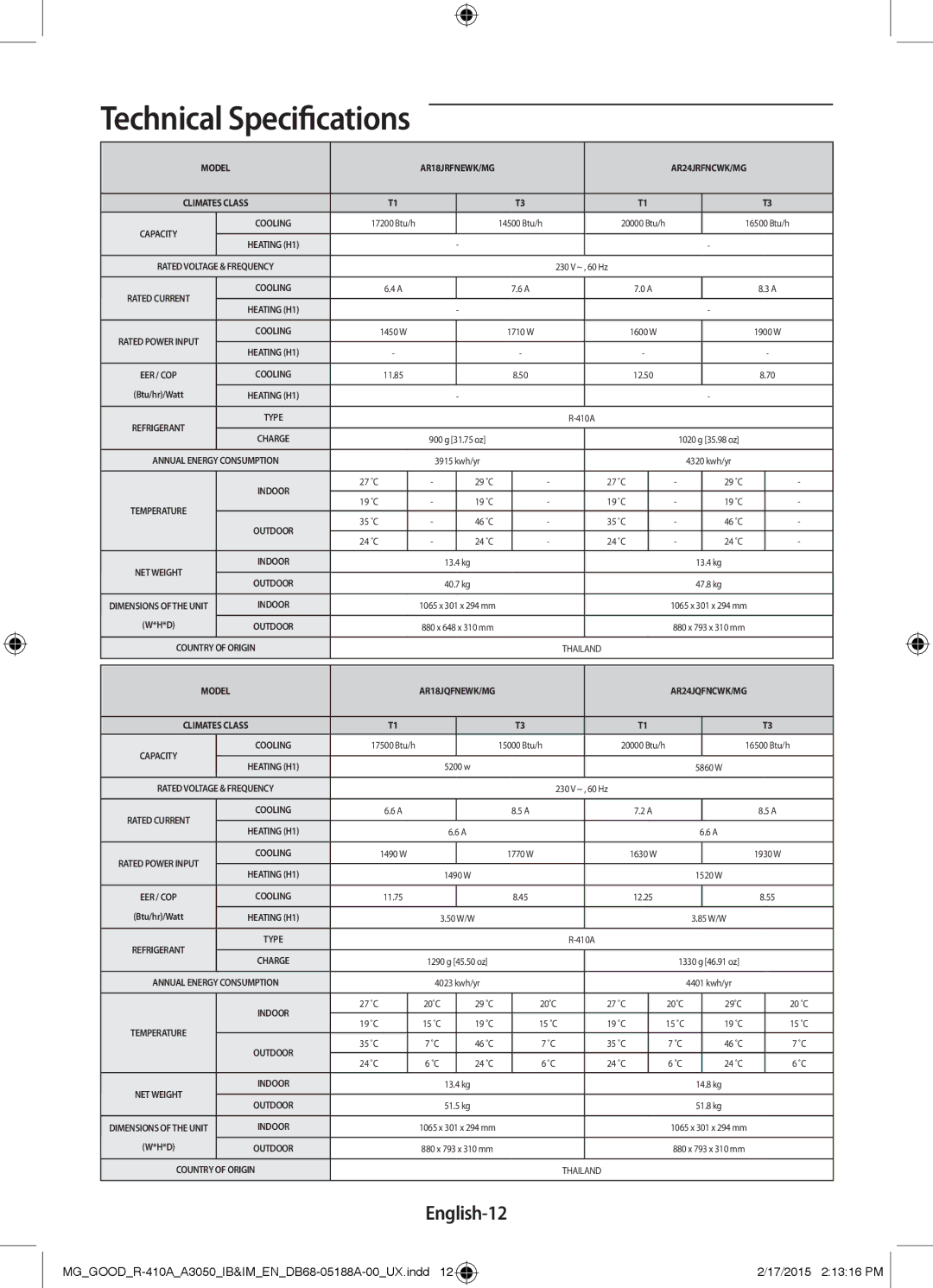 Samsung AR24JQFNCWK/MG, AR18JRFNEWK/MG, AR12JRFNBWK/MG, AR18JQFNEWKNMG, AR18JQFSBWK/MG manual English-12, AR24JRFNCWK/MG 