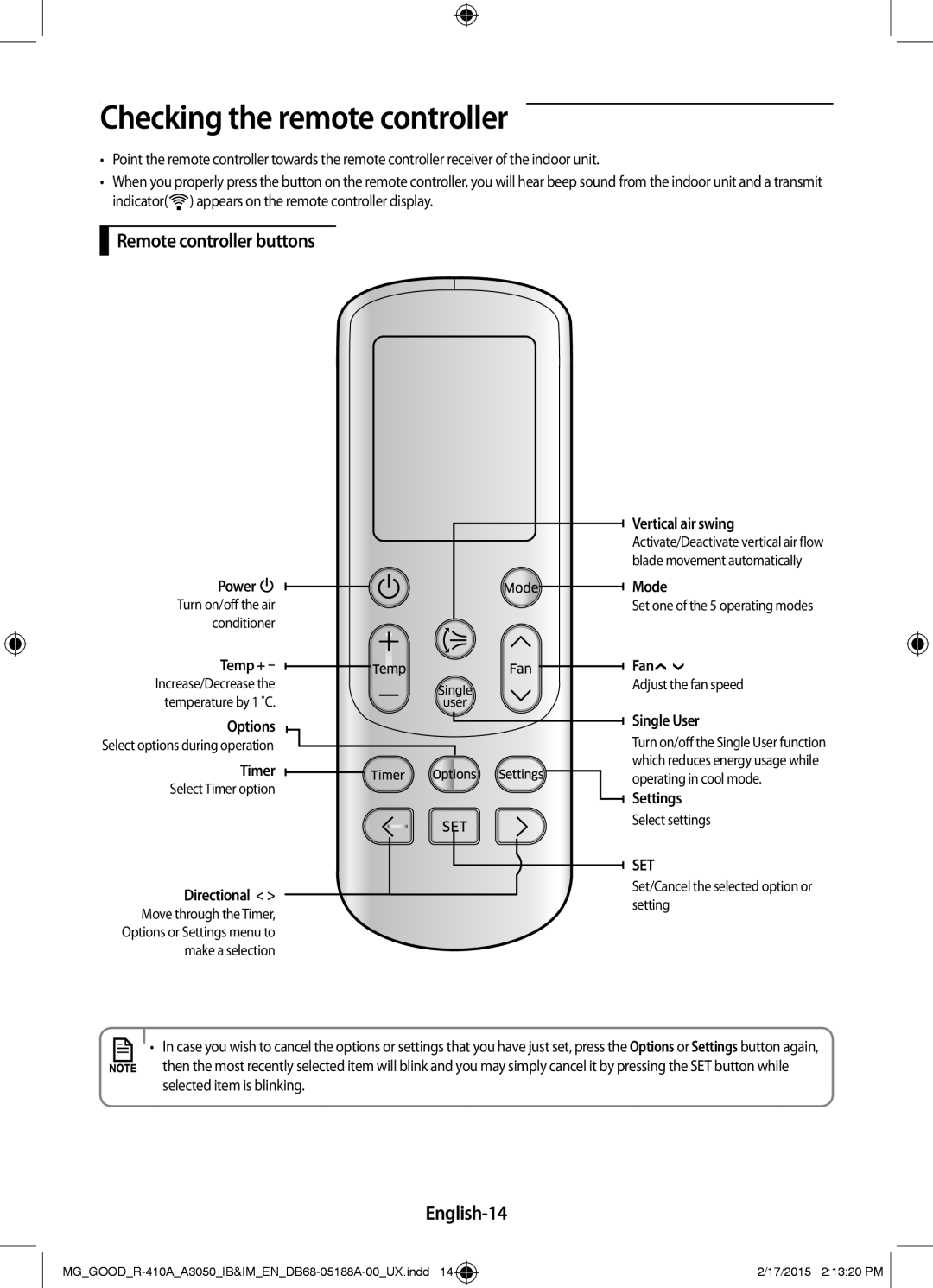 Samsung AR18JQSDBWK/MG, AR18JRFNEWK/MG manual Checking the remote controller, Remote controller buttons, English-14 