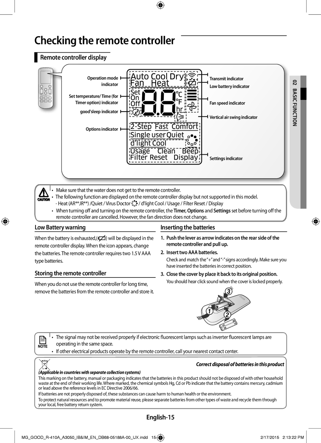 Samsung AR18JRFNEWK/MG manual Remote controller display, Low Battery warning, Storing the remote controller, English-15 