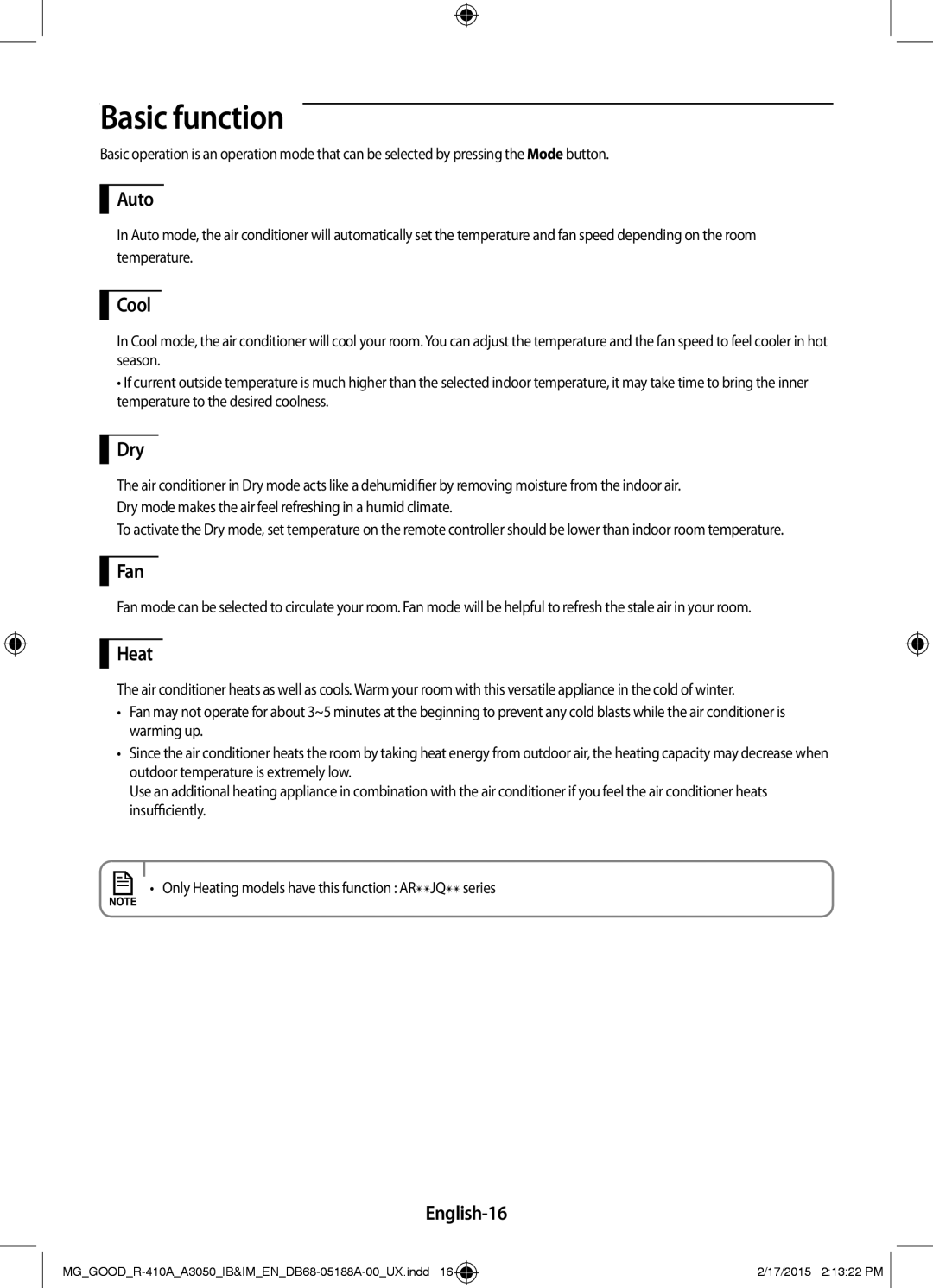 Samsung AR24JRFNCWK/MG, AR18JRFNEWK/MG, AR12JRFNBWK/MG, AR18JQFNEWKNMG, AR18JQFSBWK/MG, AR24JQFNCWKNMG manual Basic function 