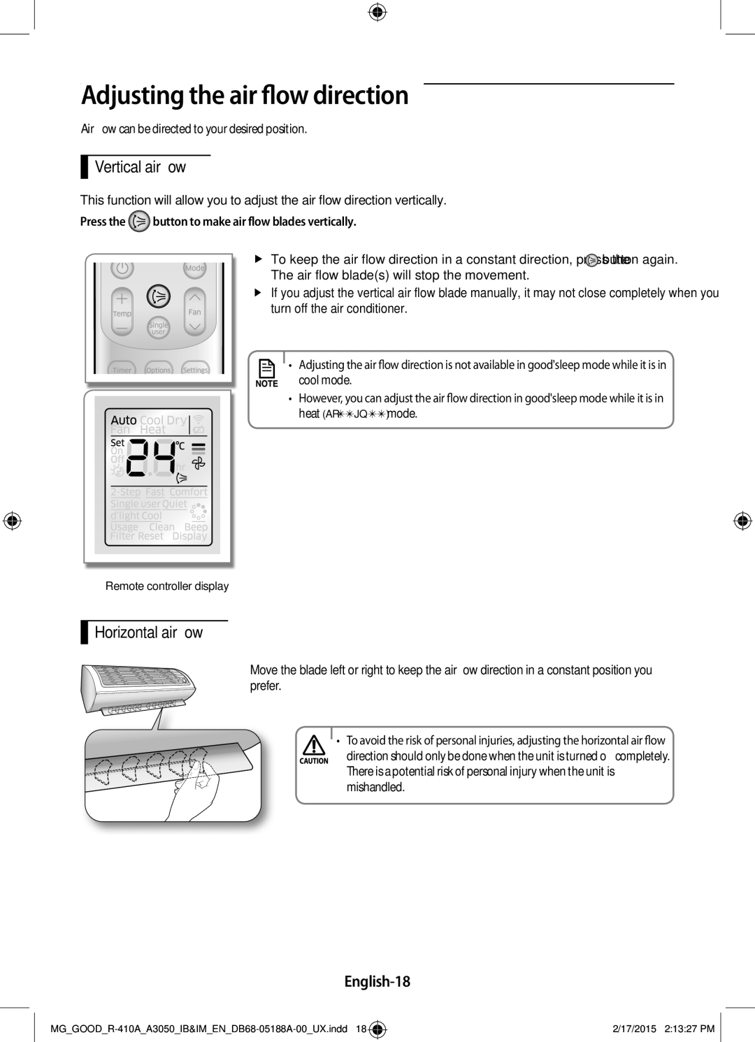 Samsung AR18JQFNEWKNMG manual Adjusting the air flow direction, Vertical air flow, Horizontal air flow, English-18 