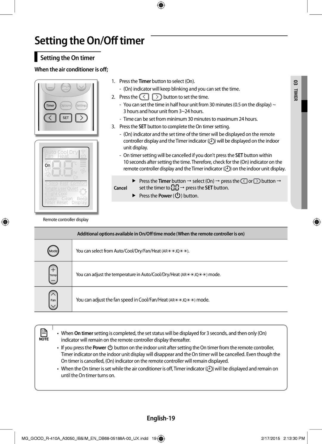 Samsung AR18JQFSBWK/MG, AR18JRFNEWK/MG, AR24JRFNCWK/MG manual Setting the On/Off timer, Setting the On timer, English-19 