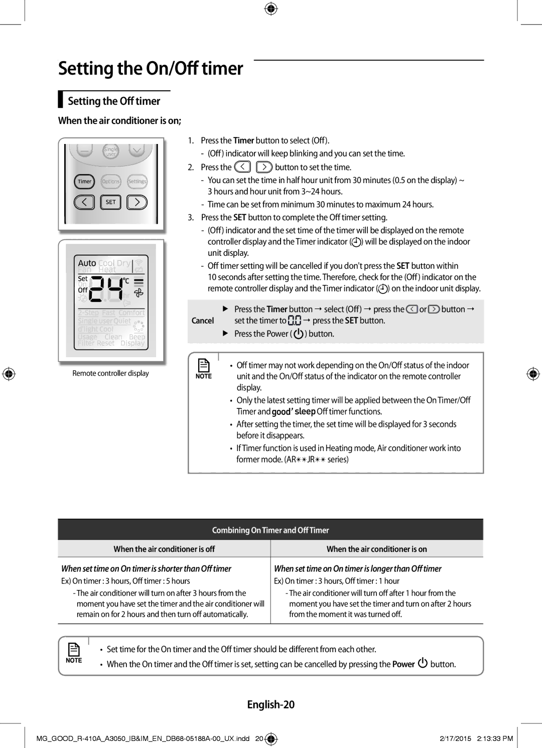 Samsung AR24JQFNCWKNMG, AR18JRFNEWK/MG, AR24JRFNCWK/MG, AR12JRFNBWK/MG manual Setting the Off timer, English-20, Button 