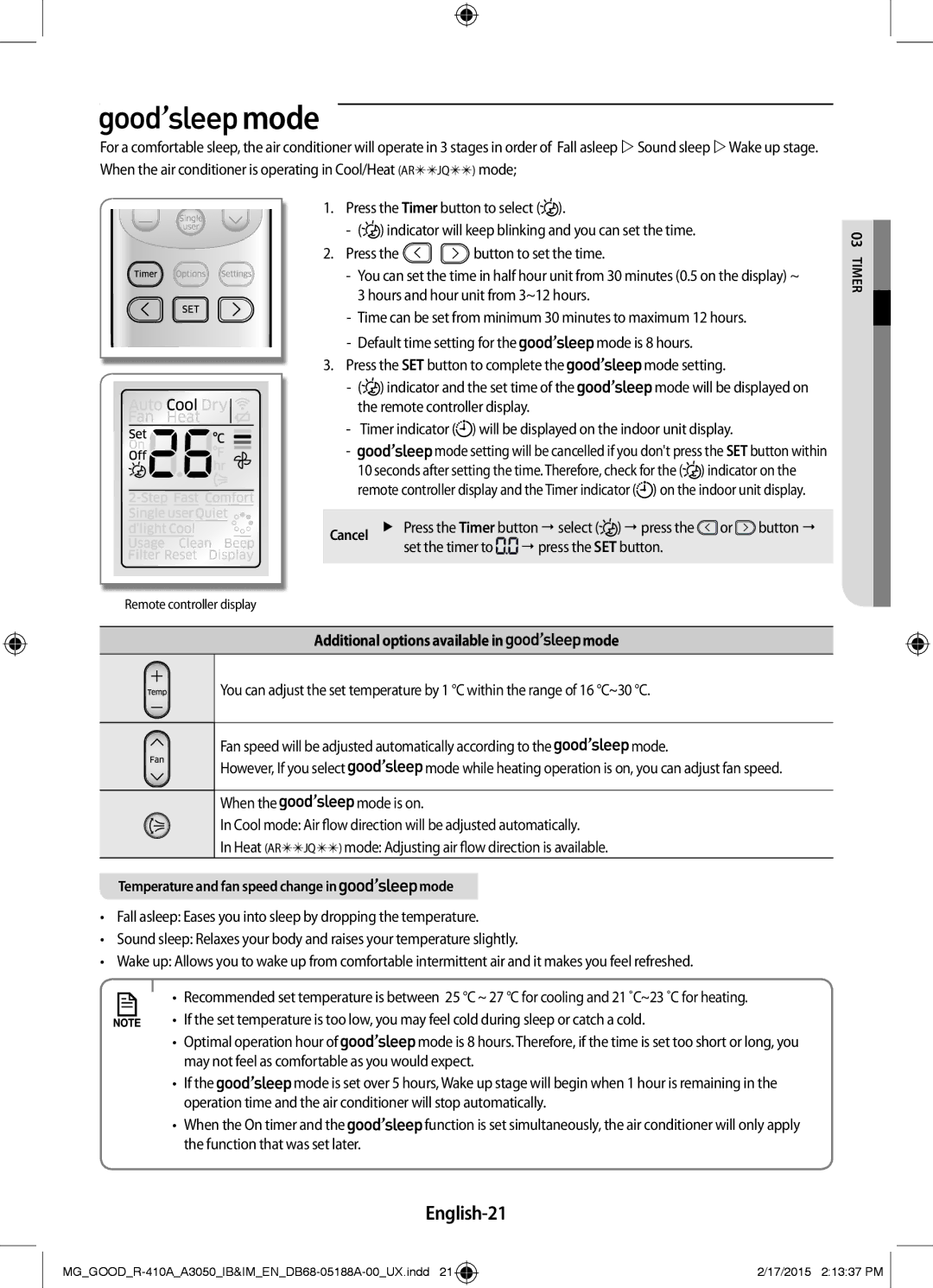 Samsung AR18JRFNEWKXMG, AR18JRFNEWK/MG, AR24JRFNCWK/MG manual Mode, English-21, Additional options available in mode 